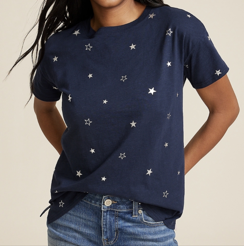 Maurices 24/7 Tee Shirt Sz Large Stars Navy Blue Crew Neck